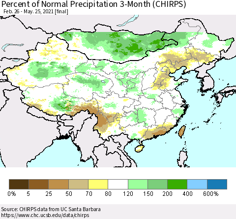 China, Mongolia and Taiwan Percent of Normal Precipitation 3-Month (CHIRPS) Thematic Map For 2/26/2021 - 5/25/2021