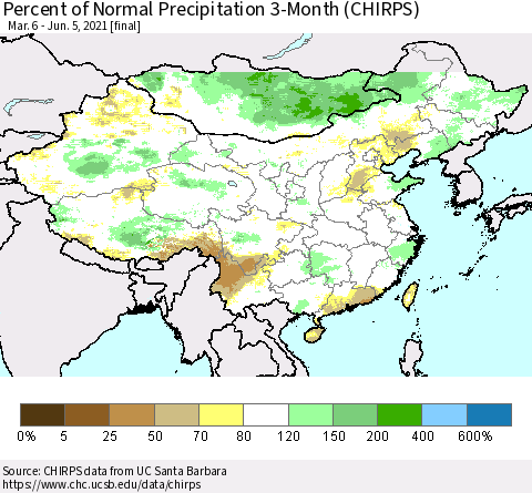 China, Mongolia and Taiwan Percent of Normal Precipitation 3-Month (CHIRPS) Thematic Map For 3/6/2021 - 6/5/2021