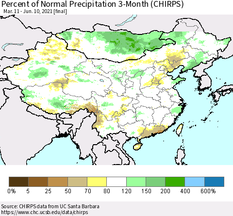 China, Mongolia and Taiwan Percent of Normal Precipitation 3-Month (CHIRPS) Thematic Map For 3/11/2021 - 6/10/2021