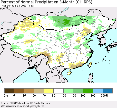 China, Mongolia and Taiwan Percent of Normal Precipitation 3-Month (CHIRPS) Thematic Map For 3/16/2021 - 6/15/2021