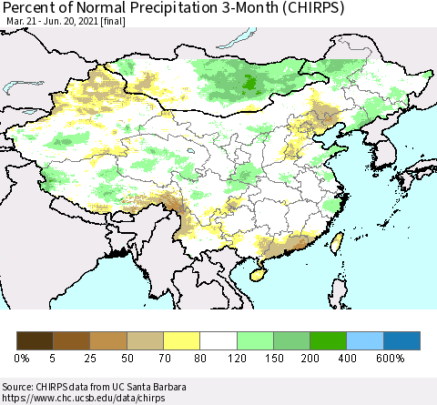 China, Mongolia and Taiwan Percent of Normal Precipitation 3-Month (CHIRPS) Thematic Map For 3/21/2021 - 6/20/2021