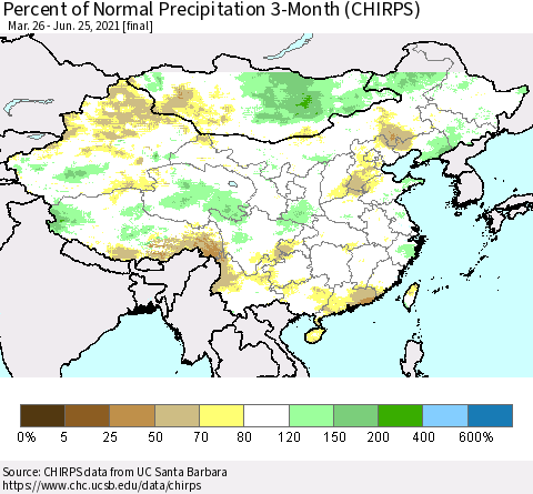 China, Mongolia and Taiwan Percent of Normal Precipitation 3-Month (CHIRPS) Thematic Map For 3/26/2021 - 6/25/2021
