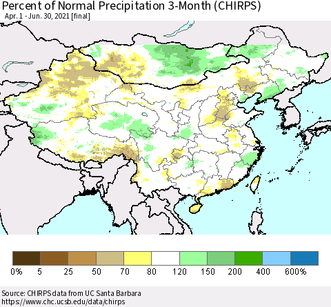 China, Mongolia and Taiwan Percent of Normal Precipitation 3-Month (CHIRPS) Thematic Map For 4/1/2021 - 6/30/2021