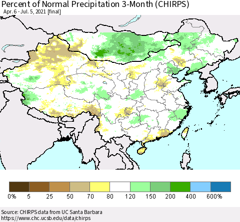 China, Mongolia and Taiwan Percent of Normal Precipitation 3-Month (CHIRPS) Thematic Map For 4/6/2021 - 7/5/2021