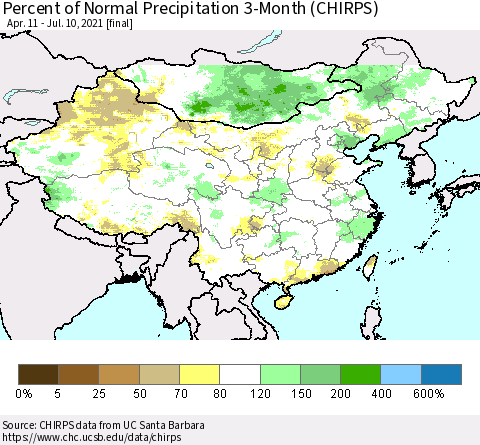 China, Mongolia and Taiwan Percent of Normal Precipitation 3-Month (CHIRPS) Thematic Map For 4/11/2021 - 7/10/2021