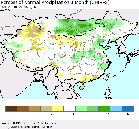 China, Mongolia and Taiwan Percent of Normal Precipitation 3-Month (CHIRPS) Thematic Map For 4/21/2021 - 7/20/2021