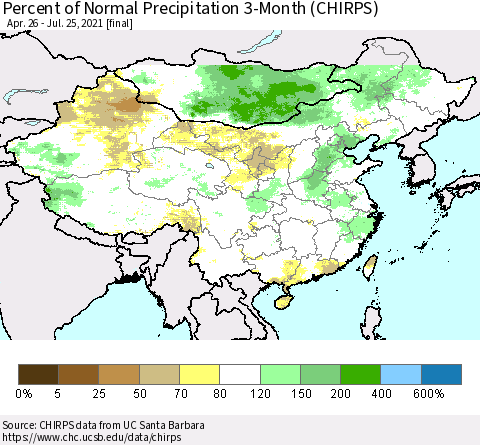China, Mongolia and Taiwan Percent of Normal Precipitation 3-Month (CHIRPS) Thematic Map For 4/26/2021 - 7/25/2021
