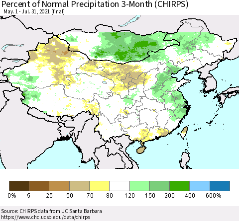China, Mongolia and Taiwan Percent of Normal Precipitation 3-Month (CHIRPS) Thematic Map For 5/1/2021 - 7/31/2021