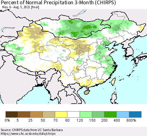 China, Mongolia and Taiwan Percent of Normal Precipitation 3-Month (CHIRPS) Thematic Map For 5/6/2021 - 8/5/2021
