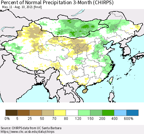 China, Mongolia and Taiwan Percent of Normal Precipitation 3-Month (CHIRPS) Thematic Map For 5/11/2021 - 8/10/2021