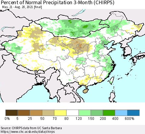 China, Mongolia and Taiwan Percent of Normal Precipitation 3-Month (CHIRPS) Thematic Map For 5/21/2021 - 8/20/2021
