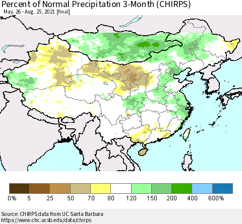 China, Mongolia and Taiwan Percent of Normal Precipitation 3-Month (CHIRPS) Thematic Map For 5/26/2021 - 8/25/2021