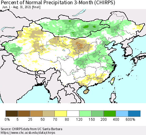 China, Mongolia and Taiwan Percent of Normal Precipitation 3-Month (CHIRPS) Thematic Map For 6/1/2021 - 8/31/2021