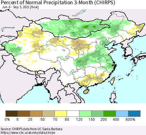 China, Mongolia and Taiwan Percent of Normal Precipitation 3-Month (CHIRPS) Thematic Map For 6/6/2021 - 9/5/2021