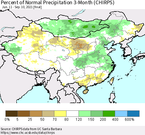 China, Mongolia and Taiwan Percent of Normal Precipitation 3-Month (CHIRPS) Thematic Map For 6/11/2021 - 9/10/2021