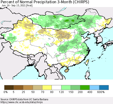 China, Mongolia and Taiwan Percent of Normal Precipitation 3-Month (CHIRPS) Thematic Map For 6/16/2021 - 9/15/2021