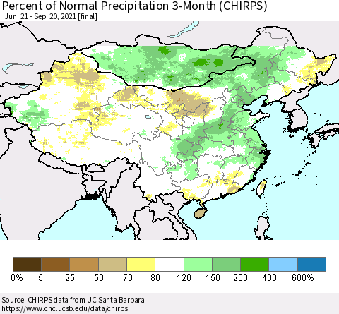 China, Mongolia and Taiwan Percent of Normal Precipitation 3-Month (CHIRPS) Thematic Map For 6/21/2021 - 9/20/2021