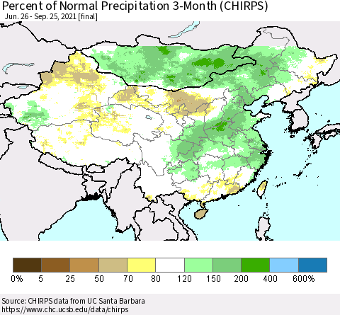 China, Mongolia and Taiwan Percent of Normal Precipitation 3-Month (CHIRPS) Thematic Map For 6/26/2021 - 9/25/2021