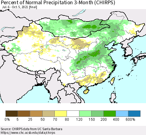China, Mongolia and Taiwan Percent of Normal Precipitation 3-Month (CHIRPS) Thematic Map For 7/6/2021 - 10/5/2021