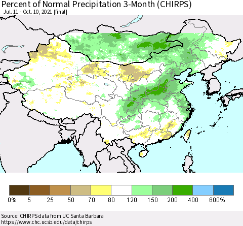 China, Mongolia and Taiwan Percent of Normal Precipitation 3-Month (CHIRPS) Thematic Map For 7/11/2021 - 10/10/2021