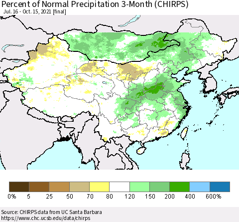 China, Mongolia and Taiwan Percent of Normal Precipitation 3-Month (CHIRPS) Thematic Map For 7/16/2021 - 10/15/2021