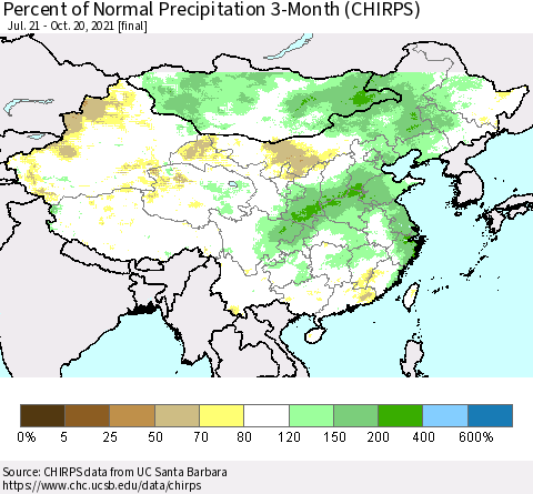 China, Mongolia and Taiwan Percent of Normal Precipitation 3-Month (CHIRPS) Thematic Map For 7/21/2021 - 10/20/2021