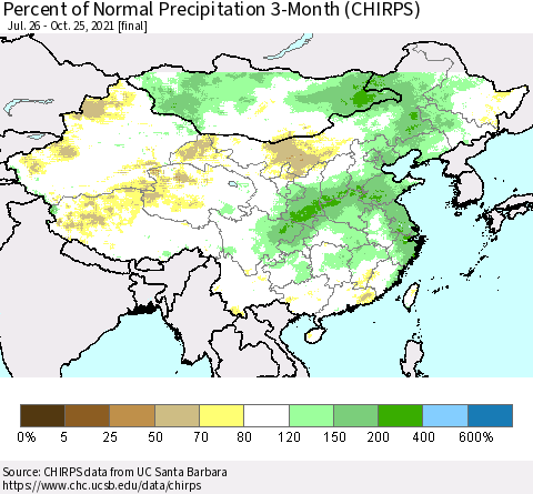 China, Mongolia and Taiwan Percent of Normal Precipitation 3-Month (CHIRPS) Thematic Map For 7/26/2021 - 10/25/2021