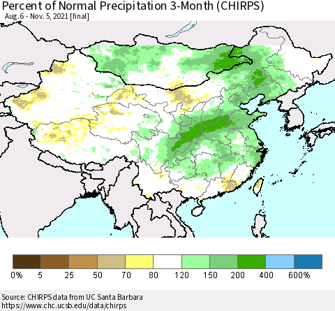 China, Mongolia and Taiwan Percent of Normal Precipitation 3-Month (CHIRPS) Thematic Map For 8/6/2021 - 11/5/2021