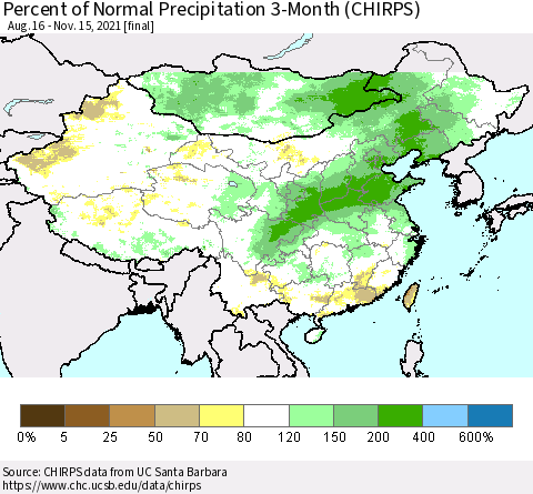 China, Mongolia and Taiwan Percent of Normal Precipitation 3-Month (CHIRPS) Thematic Map For 8/16/2021 - 11/15/2021