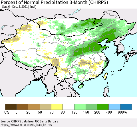 China, Mongolia and Taiwan Percent of Normal Precipitation 3-Month (CHIRPS) Thematic Map For 9/6/2021 - 12/5/2021