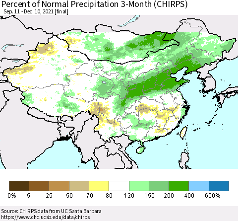 China, Mongolia and Taiwan Percent of Normal Precipitation 3-Month (CHIRPS) Thematic Map For 9/11/2021 - 12/10/2021