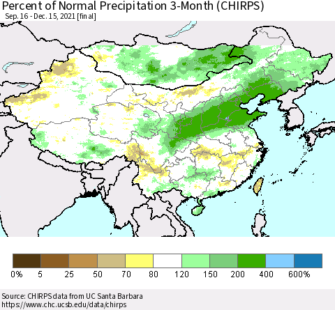 China, Mongolia and Taiwan Percent of Normal Precipitation 3-Month (CHIRPS) Thematic Map For 9/16/2021 - 12/15/2021