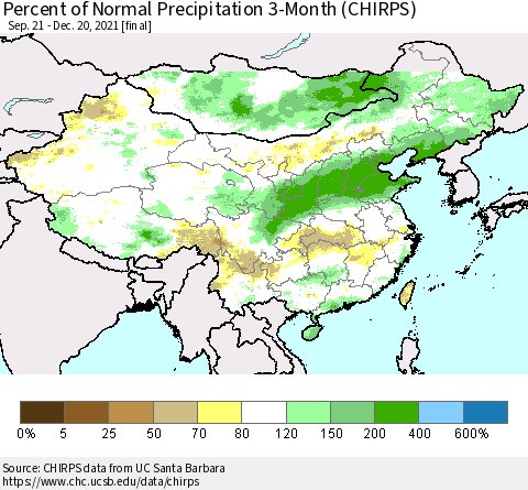China, Mongolia and Taiwan Percent of Normal Precipitation 3-Month (CHIRPS) Thematic Map For 9/21/2021 - 12/20/2021