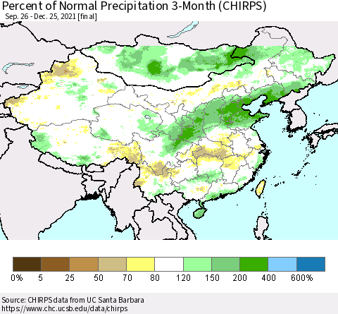 China, Mongolia and Taiwan Percent of Normal Precipitation 3-Month (CHIRPS) Thematic Map For 9/26/2021 - 12/25/2021