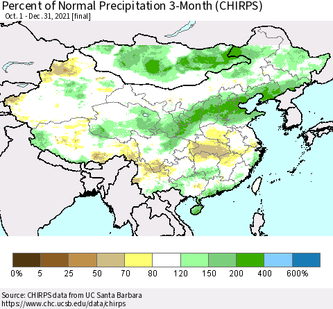 China, Mongolia and Taiwan Percent of Normal Precipitation 3-Month (CHIRPS) Thematic Map For 10/1/2021 - 12/31/2021