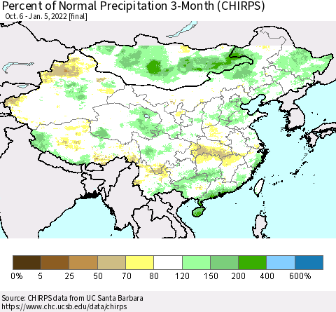 China, Mongolia and Taiwan Percent of Normal Precipitation 3-Month (CHIRPS) Thematic Map For 10/6/2021 - 1/5/2022