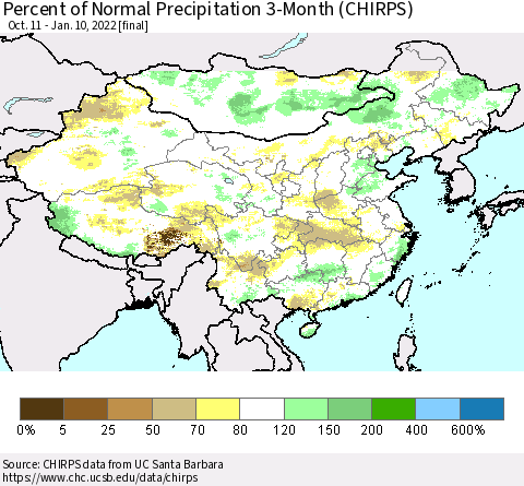 China, Mongolia and Taiwan Percent of Normal Precipitation 3-Month (CHIRPS) Thematic Map For 10/11/2021 - 1/10/2022