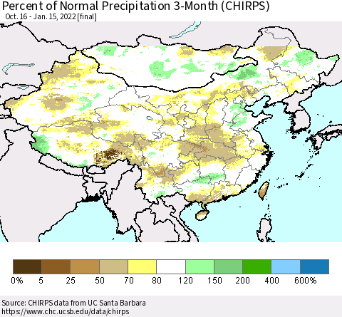 China, Mongolia and Taiwan Percent of Normal Precipitation 3-Month (CHIRPS) Thematic Map For 10/16/2021 - 1/15/2022