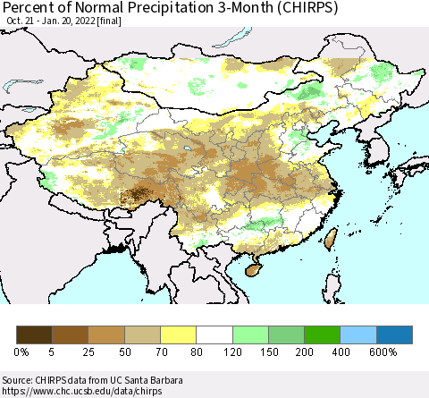 China, Mongolia and Taiwan Percent of Normal Precipitation 3-Month (CHIRPS) Thematic Map For 10/21/2021 - 1/20/2022