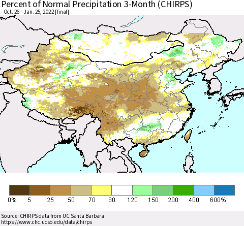 China, Mongolia and Taiwan Percent of Normal Precipitation 3-Month (CHIRPS) Thematic Map For 10/26/2021 - 1/25/2022
