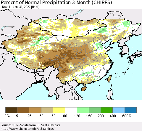 China, Mongolia and Taiwan Percent of Normal Precipitation 3-Month (CHIRPS) Thematic Map For 11/1/2021 - 1/31/2022