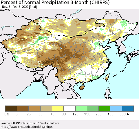 China, Mongolia and Taiwan Percent of Normal Precipitation 3-Month (CHIRPS) Thematic Map For 11/6/2021 - 2/5/2022