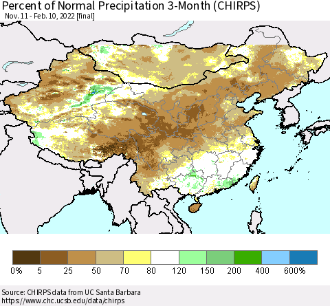 China, Mongolia and Taiwan Percent of Normal Precipitation 3-Month (CHIRPS) Thematic Map For 11/11/2021 - 2/10/2022