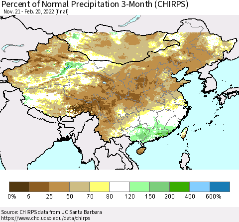 China, Mongolia and Taiwan Percent of Normal Precipitation 3-Month (CHIRPS) Thematic Map For 11/21/2021 - 2/20/2022