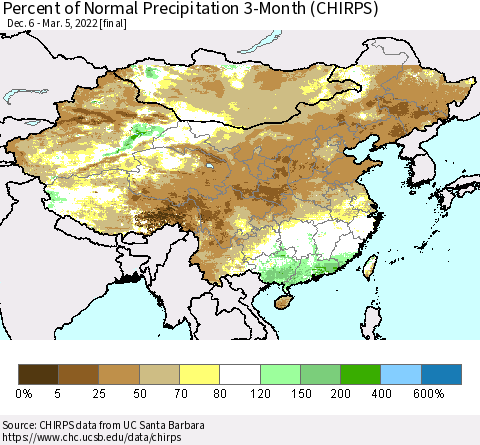 China, Mongolia and Taiwan Percent of Normal Precipitation 3-Month (CHIRPS) Thematic Map For 12/6/2021 - 3/5/2022