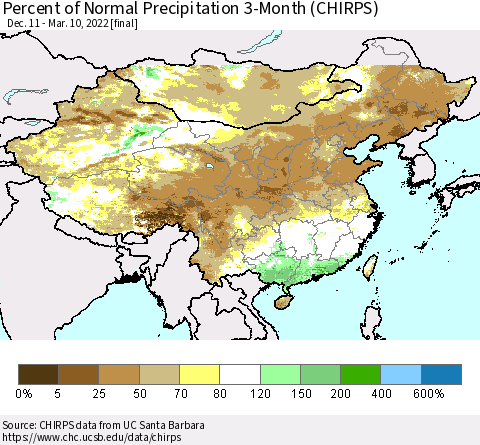 China, Mongolia and Taiwan Percent of Normal Precipitation 3-Month (CHIRPS) Thematic Map For 12/11/2021 - 3/10/2022