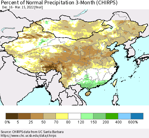 China, Mongolia and Taiwan Percent of Normal Precipitation 3-Month (CHIRPS) Thematic Map For 12/16/2021 - 3/15/2022