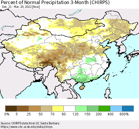 China, Mongolia and Taiwan Percent of Normal Precipitation 3-Month (CHIRPS) Thematic Map For 12/21/2021 - 3/20/2022
