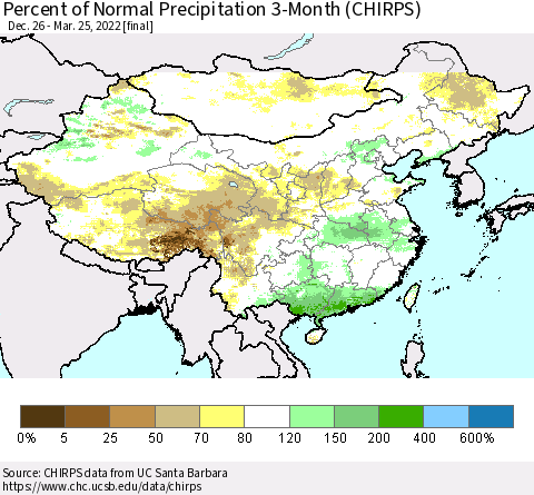 China, Mongolia and Taiwan Percent of Normal Precipitation 3-Month (CHIRPS) Thematic Map For 12/26/2021 - 3/25/2022