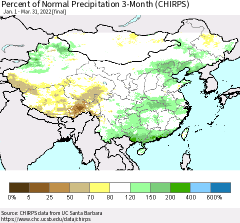 China, Mongolia and Taiwan Percent of Normal Precipitation 3-Month (CHIRPS) Thematic Map For 1/1/2022 - 3/31/2022